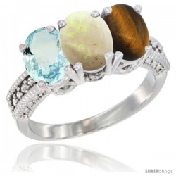 14K White Gold Natural Aquamarine, Opal & Tiger Eye Ring 3-Stone Oval 7x5 mm Diamond Accent