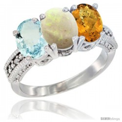 14K White Gold Natural Aquamarine, Opal & Whisky Quartz Ring 3-Stone Oval 7x5 mm Diamond Accent