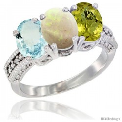 14K White Gold Natural Aquamarine, Opal & Lemon Quartz Ring 3-Stone Oval 7x5 mm Diamond Accent