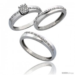 10k White Gold 3-Piece Trio His (3.5mm) & Hers (3.5mm) Diamond Wedding Band Set, w/ 0.30 Carat Brilliant Cut Diamonds