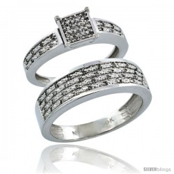 10k White Gold 2-Piece Diamond Ring Band Set w/ Rhodium Accent ( Engagement Ring & Man's Wedding Band ), w/ 0.27 Carat