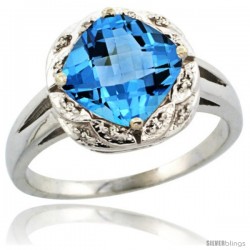 14k White Gold Diamond Halo Swiss Blue Topaz Ring 2.7 ct Checkerboard Cut Cushion Shape 8 mm, 1/2 in wide