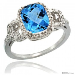 14k White Gold Diamond Swiss Blue Topaz Ring 2 ct Checkerboard Cut Cushion Shape 9x7 mm, 1/2 in wide