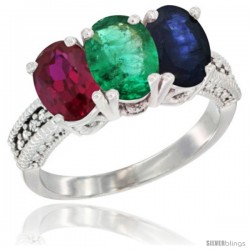 10K White Gold Natural Ruby, Emerald & Blue Sapphire Ring 3-Stone Oval 7x5 mm Diamond Accent