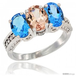 14K White Gold Natural Morganite & Swiss Blue Topaz Sides Ring 3-Stone 7x5 mm Oval Diamond Accent