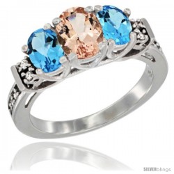 14K White Gold Natural Morganite & Swiss Blue Topaz Ring 3-Stone Oval with Diamond Accent