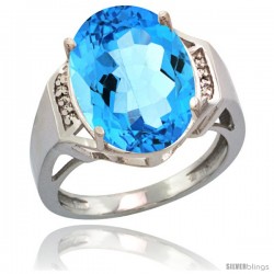 14k White Gold Diamond Swiss Blue Topaz Ring 9.7 ct Large Oval Stone 16x12 mm, 5/8 in wide