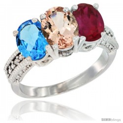 14K White Gold Natural Swiss Blue Topaz, Morganite & Ruby Ring 3-Stone 7x5 mm Oval Diamond Accent