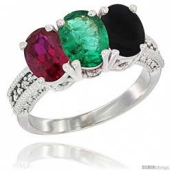 10K White Gold Natural Ruby, Emerald & Black Onyx Ring 3-Stone Oval 7x5 mm Diamond Accent