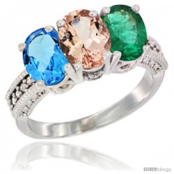 14K White Gold Natural Swiss Blue Topaz, Morganite & Emerald Ring 3-Stone 7x5 mm Oval Diamond Accent