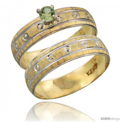 10k Gold Ladies' 2-Piece 0.25 Carat Green Sapphire Engagement Ring Set Diamond-cut Pattern Rhodium Accent, 3/16 -Style 10y505e2