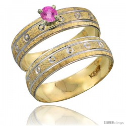 10k Gold Ladies' 2-Piece 0.25 Carat Pink Sapphire Engagement Ring Set Diamond-cut Pattern Rhodium Accent, 3/16 -Style 10y505e2