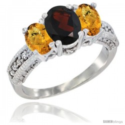 10K White Gold Ladies Oval Natural Garnet 3-Stone Ring with Whisky Quartz Sides Diamond Accent