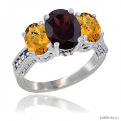 10K White Gold Ladies Natural Garnet Oval 3 Stone Ring with Whisky Quartz Sides Diamond Accent