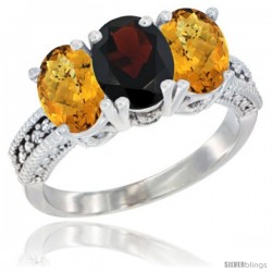 10K White Gold Natural Garnet & Whisky Quartz Sides Ring 3-Stone Oval 7x5 mm Diamond Accent