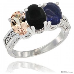 10K White Gold Natural Morganite, Black Onyx & Lapis Ring 3-Stone Oval 7x5 mm Diamond Accent