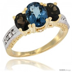 10K Yellow Gold Ladies Oval Natural London Blue Topaz 3-Stone Ring with Smoky Topaz Sides Diamond Accent