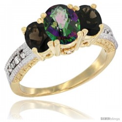 10K Yellow Gold Ladies Oval Natural Mystic Topaz 3-Stone Ring with Smoky Topaz Sides Diamond Accent