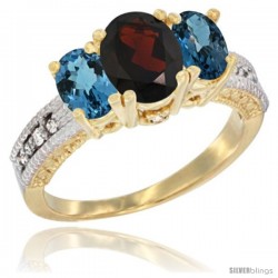 14k Yellow Gold Ladies Oval Natural Garnet 3-Stone Ring with London Blue Topaz Sides Diamond Accent