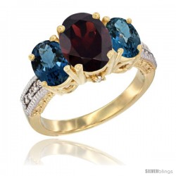 14K Yellow Gold Ladies 3-Stone Oval Natural Garnet Ring with London Blue Topaz Sides Diamond Accent