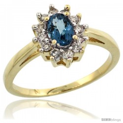 14k Yellow Gold London Blue Topaz Diamond Halo Ring Oval Shape 1.2 Carat 6X4 mm, 1/2 in wide