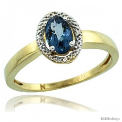 14k Yellow Gold Diamond Halo London Blue Topaz Ring 0.75 Carat Oval Shape 6X4 mm, 3/8 in (9mm) wide