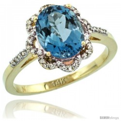 14k Yellow Gold Diamond Halo London Blue Topaz Ring 1.65 Carat Oval Shape 9X7 mm, 7/16 in (11mm) wide