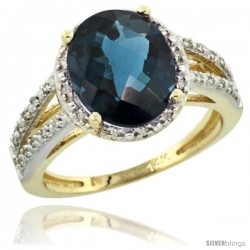 14k Yellow Gold Diamond Halo London Blue Topaz Ring 2.85 Carat Oval Shape 11X9 mm, 7/16 in (11mm) wide