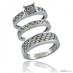 10k White Gold 3-Piece Trio His (6.5mm) & Hers (3.5mm) Diamond Wedding Ring Band Set w/ 0.328 Carat Brilliant Cut Diamonds