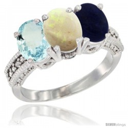 14K White Gold Natural Aquamarine, Opal & Lapis Ring 3-Stone Oval 7x5 mm Diamond Accent