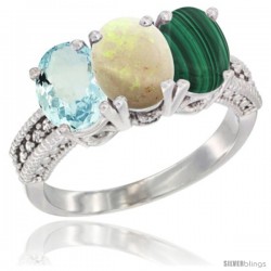 14K White Gold Natural Aquamarine, Opal & Malachite Ring 3-Stone Oval 7x5 mm Diamond Accent