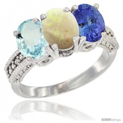 14K White Gold Natural Aquamarine, Opal & Tanzanite Ring 3-Stone Oval 7x5 mm Diamond Accent