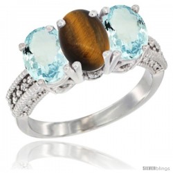 14K White Gold Natural Tiger Eye & Aquamarine Sides Ring 3-Stone Oval 7x5 mm Diamond Accent