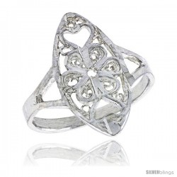 Sterling Silver Navette-shaped Floral Filigree Ring, 3/4 in, w/ Heart Cut-outs