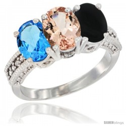 14K White Gold Natural Swiss Blue Topaz, Morganite & Black Onyx Ring 3-Stone 7x5 mm Oval Diamond Accent