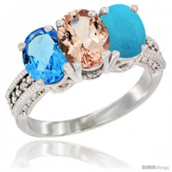 14K White Gold Natural Swiss Blue Topaz, Morganite & Turquoise Ring 3-Stone 7x5 mm Oval Diamond Accent