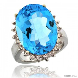 14k White Gold Diamond Halo Swiss Blue Topaz Ring 10 ct Large Oval Stone 18x13 mm, 7/8 in wide