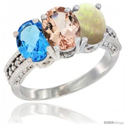 14K White Gold Natural Swiss Blue Topaz, Morganite & Opal Ring 3-Stone 7x5 mm Oval Diamond Accent