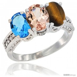 14K White Gold Natural Swiss Blue Topaz, Morganite & Tiger Eye Ring 3-Stone 7x5 mm Oval Diamond Accent