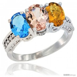 14K White Gold Natural Swiss Blue Topaz, Morganite & Whisky Quartz Ring 3-Stone 7x5 mm Oval Diamond Accent