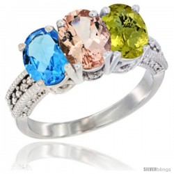 14K White Gold Natural Swiss Blue Topaz, Morganite & Lemon Quartz Ring 3-Stone 7x5 mm Oval Diamond Accent