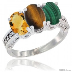 14K White Gold Natural Citrine, Tiger Eye & Malachite Ring 3-Stone 7x5 mm Oval Diamond Accent