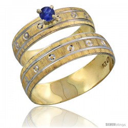 10k Gold 2-Piece 0.25 Carat Deep Blue Sapphire Ring Set (Engagement Ring & Man's Wedding Band) Diamond-cut -Style 10y505em
