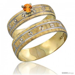 10k Gold 2-Piece 0.25 Carat Orange Sapphire Ring Set (Engagement Ring & Man's Wedding Band) Diamond-cut Pattern -Style 10y505em