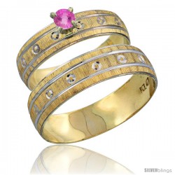 10k Gold 2-Piece 0.25 Carat Pink Sapphire Ring Set (Engagement Ring & Man's Wedding Band) Diamond-cut Pattern -Style 10y505em