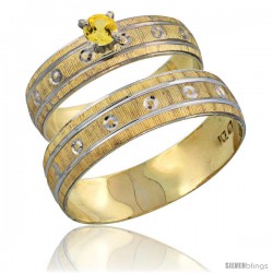 10k Gold 2-Piece 0.25 Carat Yellow Sapphire Ring Set (Engagement Ring & Man's Wedding Band) Diamond-cut Pattern -Style 10y505em