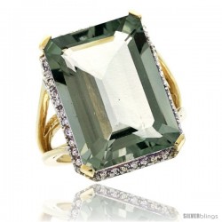 10k Yellow Gold Diamond Green-Amethyst Ring 14.96 ct Emerald shape 18x13 mm Stone, 13/16 in wide