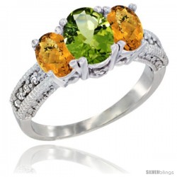 10K White Gold Ladies Oval Natural Peridot 3-Stone Ring with Whisky Quartz Sides Diamond Accent