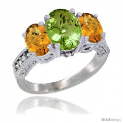 10K White Gold Ladies Natural Peridot Oval 3 Stone Ring with Whisky Quartz Sides Diamond Accent