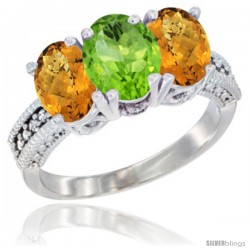 10K White Gold Natural Peridot & Whisky Quartz Sides Ring 3-Stone Oval 7x5 mm Diamond Accent